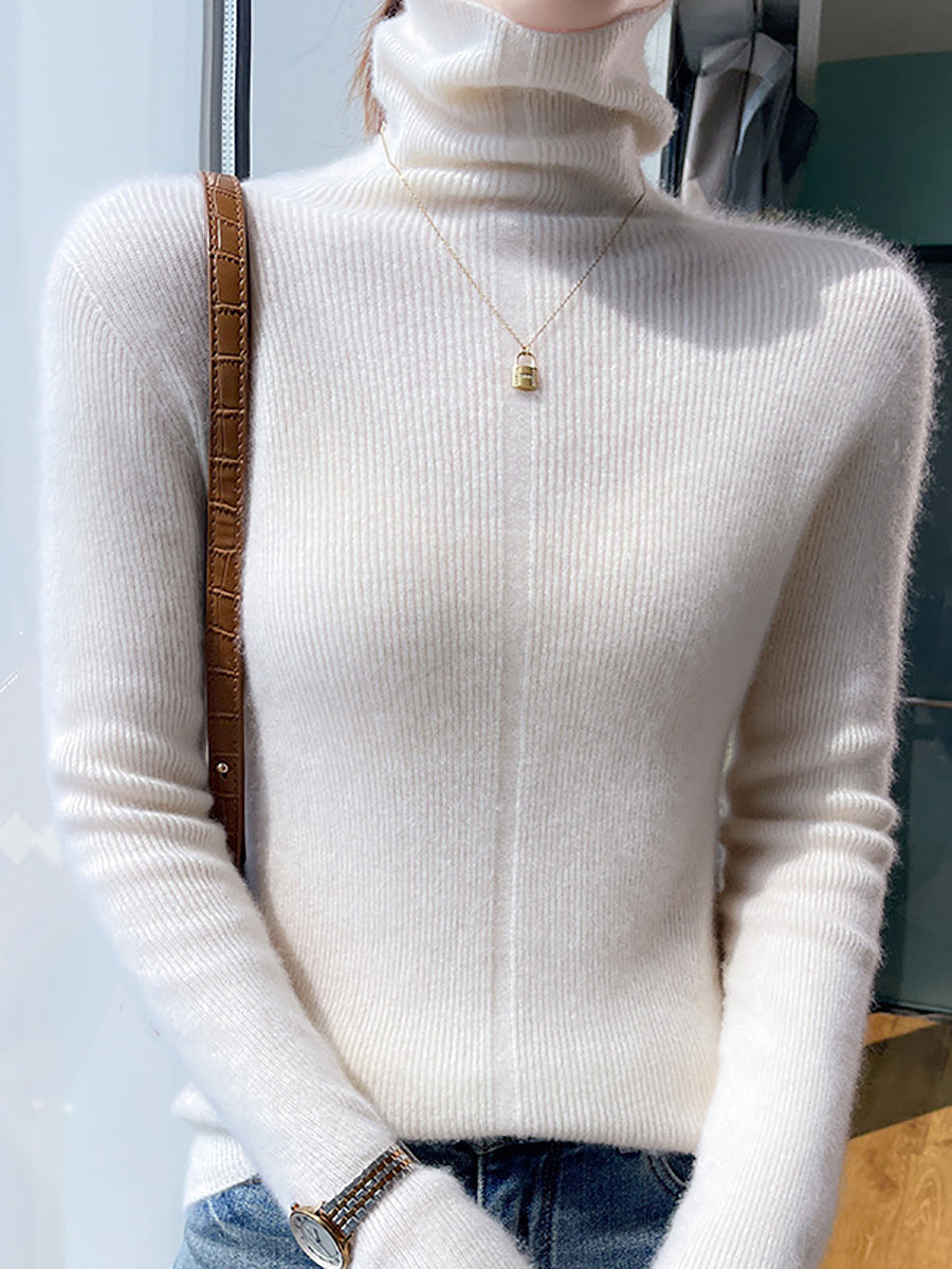 Women Autumn Casual Turtleneck 100%Wool Soft Sweater QU013