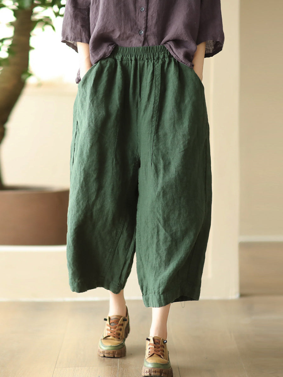 Women Summer Retro Solid Linen Loose Harem Pants FD009