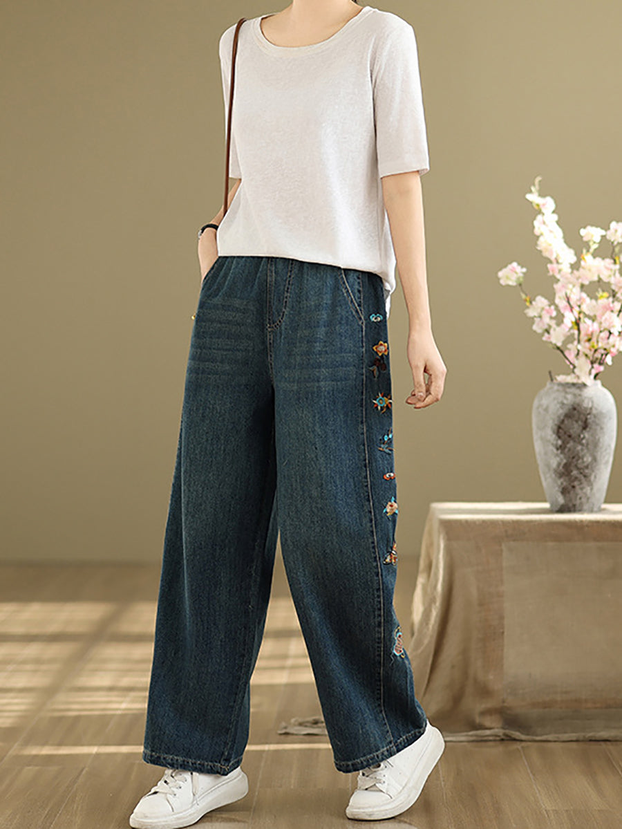 Hosen Stickerei Damen Weites Bein Retro Denim 