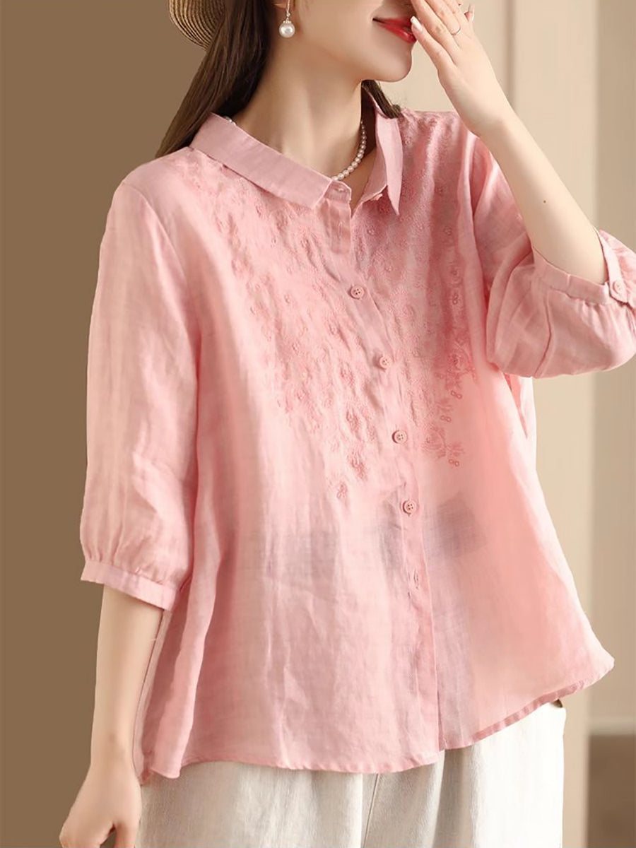 Women Vintage Embroidery Summer Ramie Loose Shirt SC1003