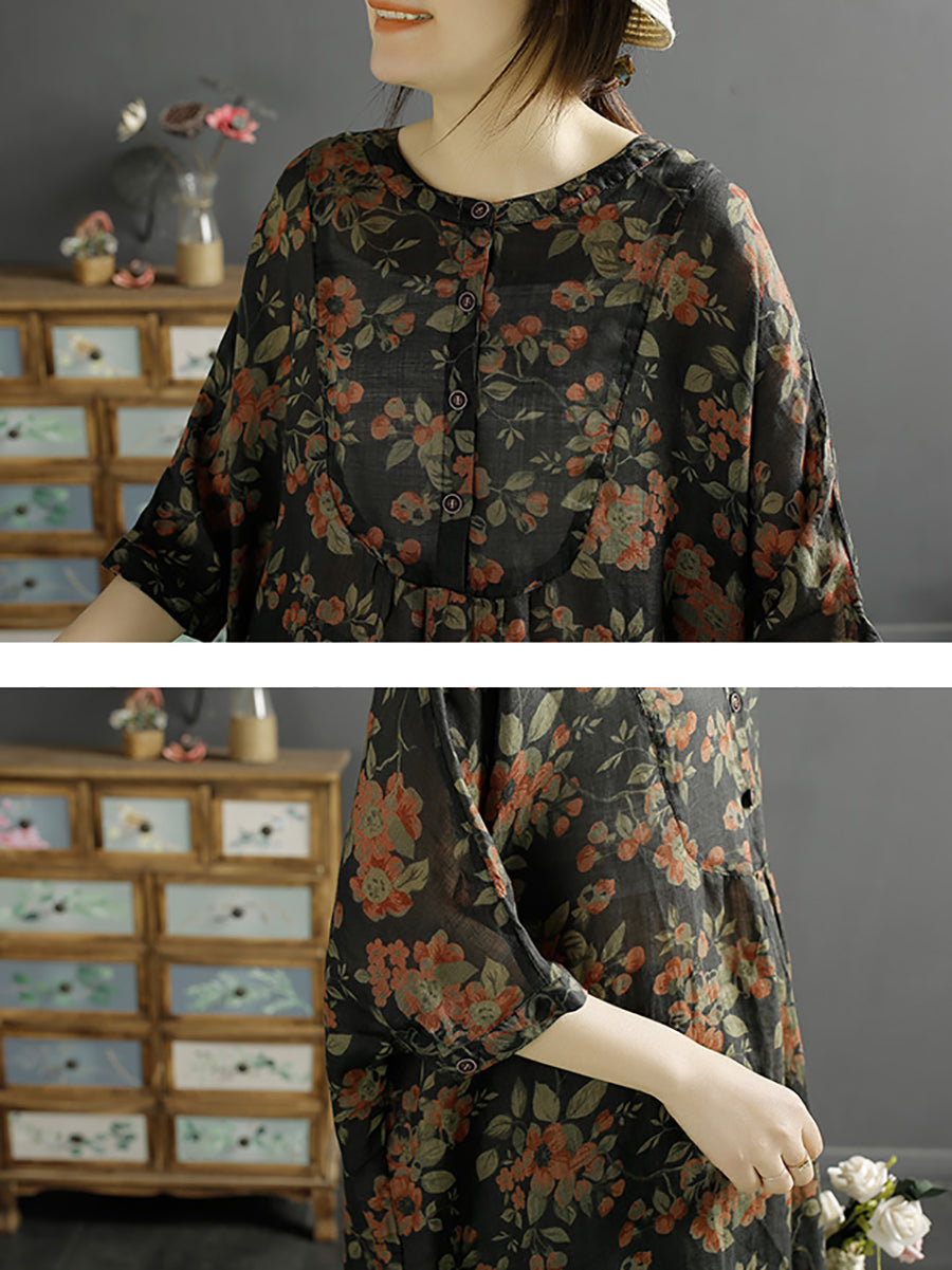 Women Summer Floral Vintage Ramie Long Shirt KL1052