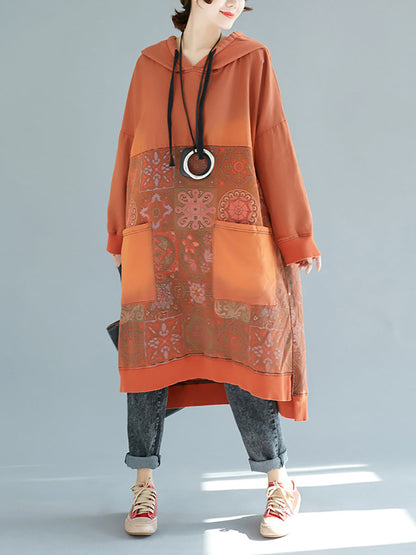 Women Vintage Flower Spliced Loose Hooded Dress AT1091