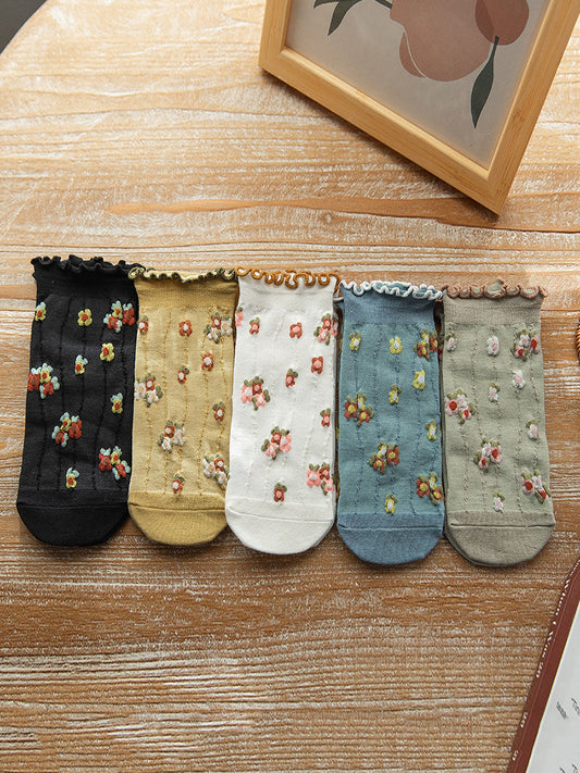 Lot de 5 paires de chaussettes d'été en jacquard à fleurs artistiques pour femmes OO1032