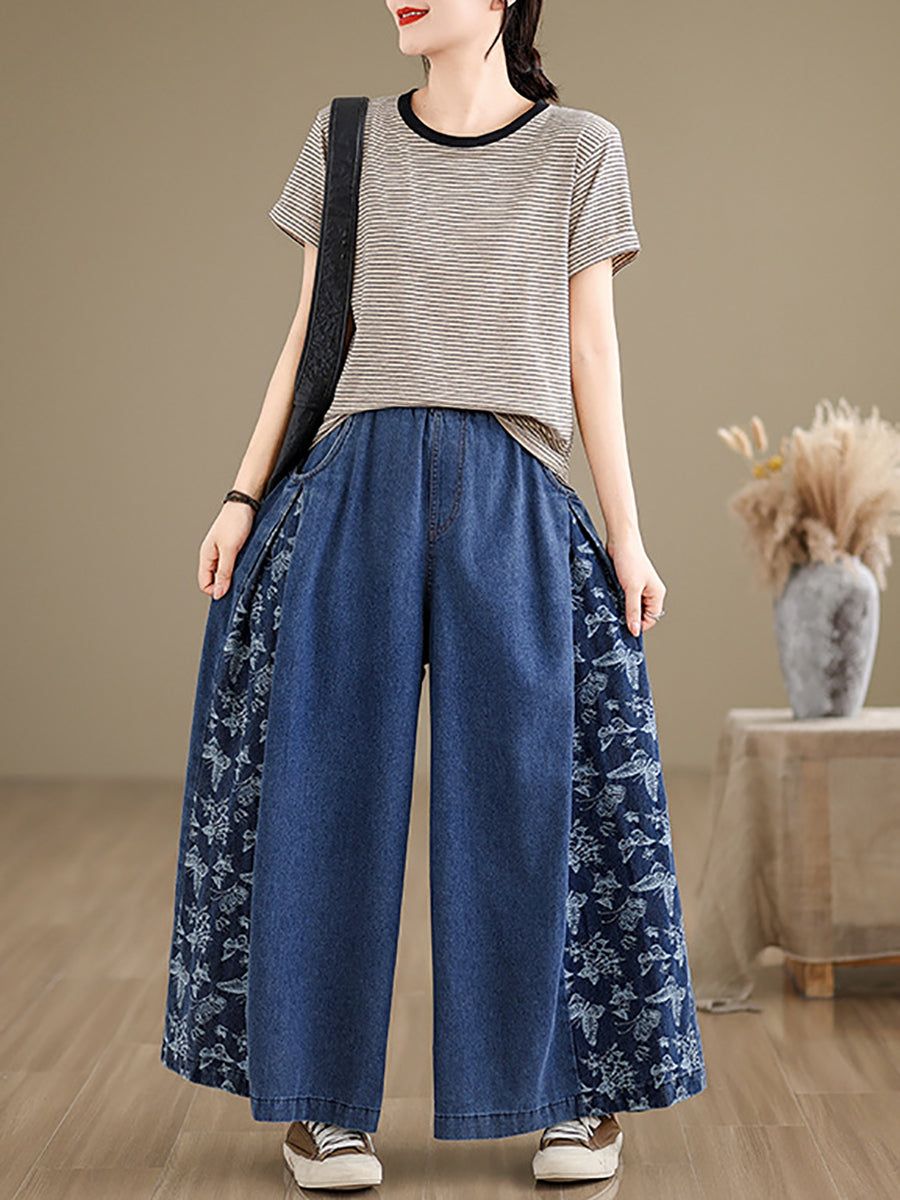 Women Vintage Summer Butterfly Spliced Wide-leg Denim Pants CO1030