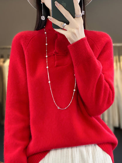 Women Autumn Vintage Half-Turtleneck 100%Wool Buckle Sweater BA1040