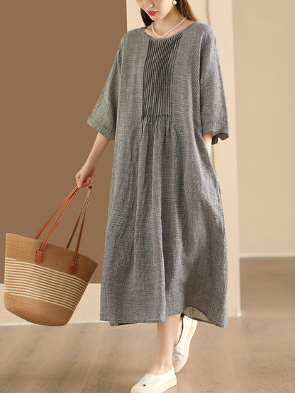 Women Summer Vintage Lattice Shirred O-Neck Ramie Dress OP1051