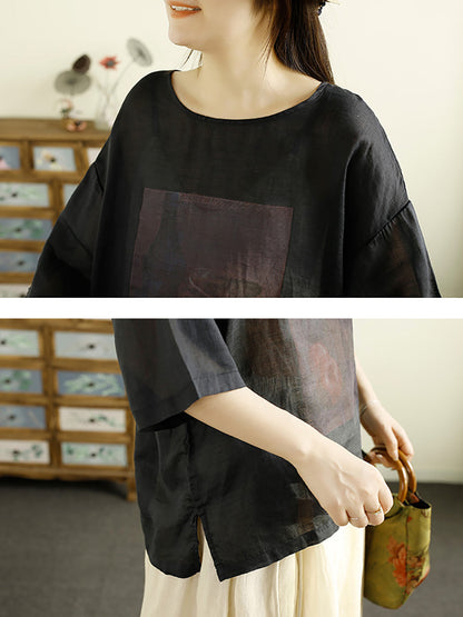 Women Summer Casual Print Loose Ramie Shirt OP1043