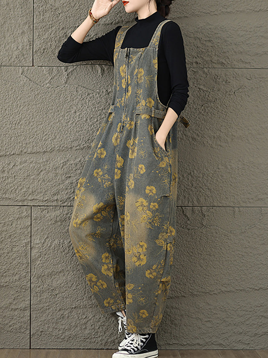 Women Autumn Retro Flower Zipper Denim Jumpsuits AX1002