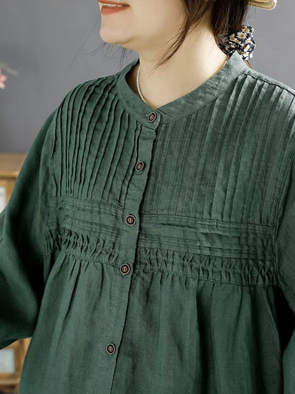 Women Artsy Summer Shirred Solid Linen Shirt SC1058