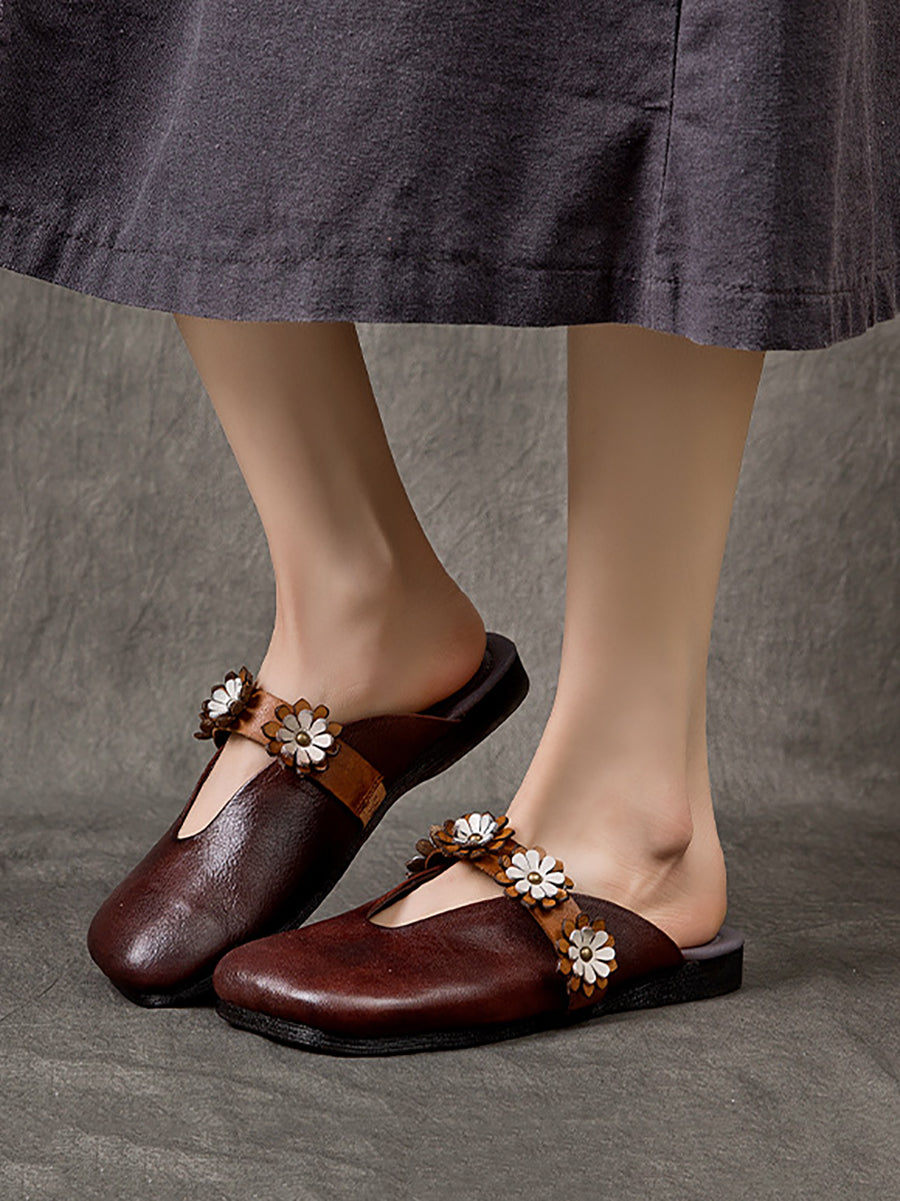 Women Summer Solid Flower Leather Slippers SC1011