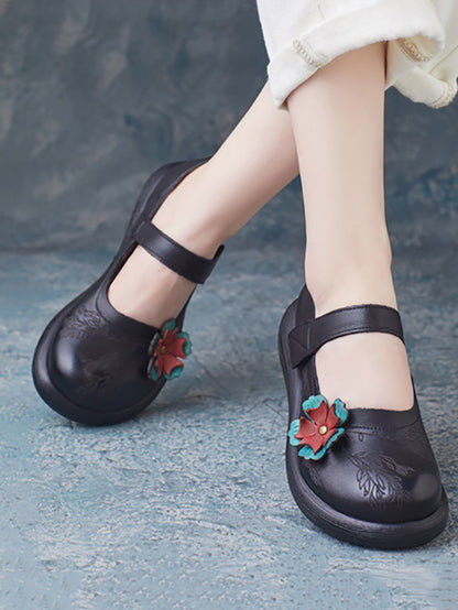 Women Summer Vintage Leather Flower Mid-Heel Shoes ZZ1036