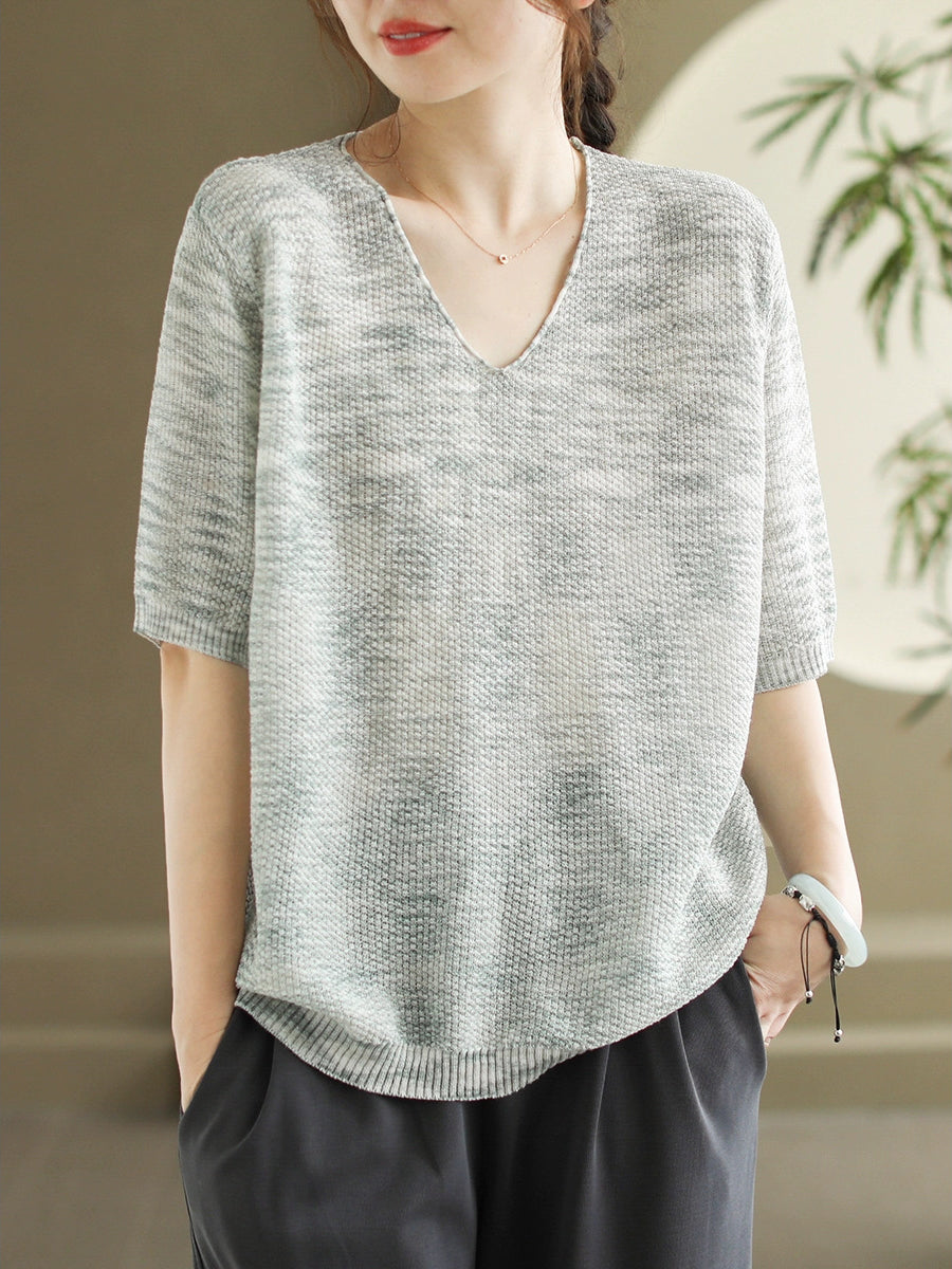 Women Summer Casual Knitted Linen V-Neck Shirt WE1029