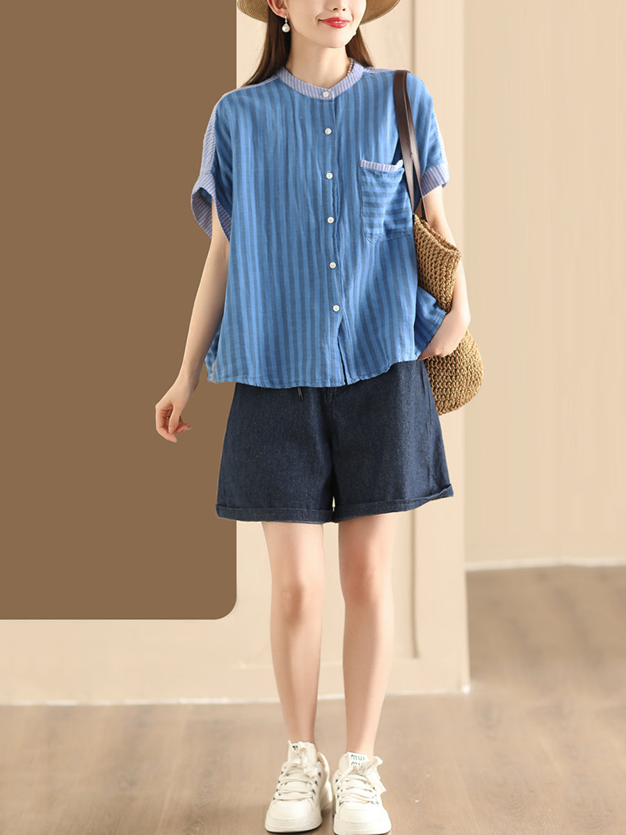 Women Summer Artsy Stripe Spliced Linen Shirt WE1039