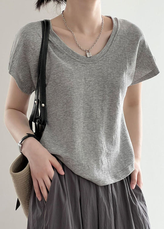 O Grey Sleeve Cotton Top Neck Solid Short Shirt T