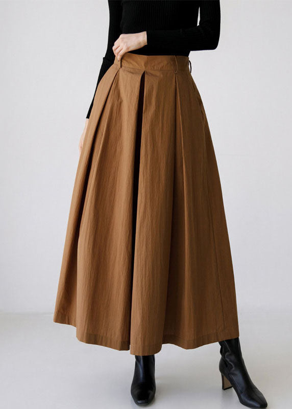 Pantalon de printemps en coton marron à taille haute et poches larges 