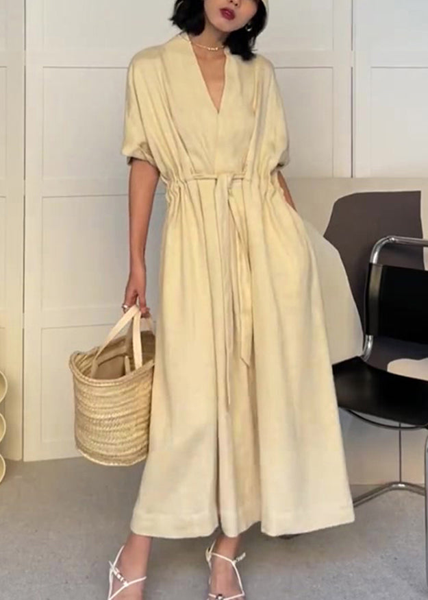 Modern Neck Cotton Beige Pockets V Drawstring Summer Dress