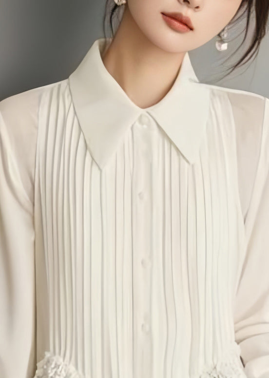 Art White Button Lace Solid Chiffon Blouses Spring RV040