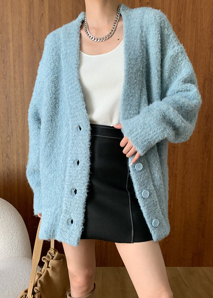 Plus Size Blue V Neck Button Woolen Cardigans Fall WD005