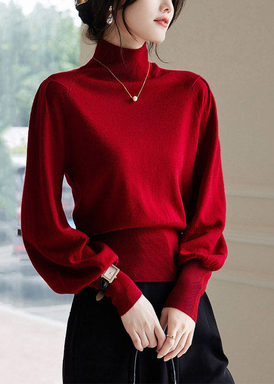 French Red High Neck Warm Cashmere Sweater Winter WS008