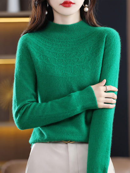 Women Autumn Solid Cable Knit 100%Wool Half Turtleneck Sweater QN017