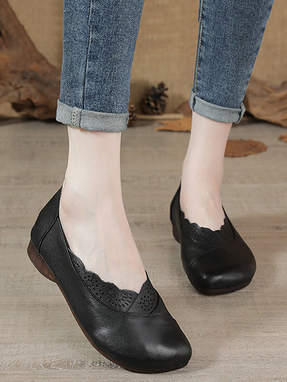 Women Artsy Solid Soft Leather Spliced Low Heel Shoes RR1048