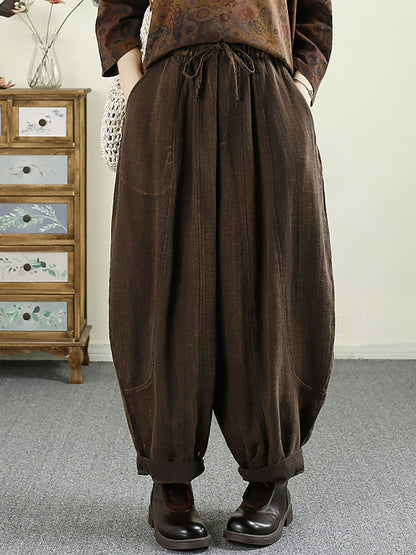 Women Autumn Vintage Solid Pocket Linen Harem Pants AV1031