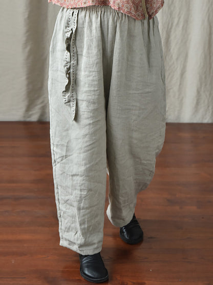 Women Casual Solid Drawstring Loose Linen Turnip Pants CX045