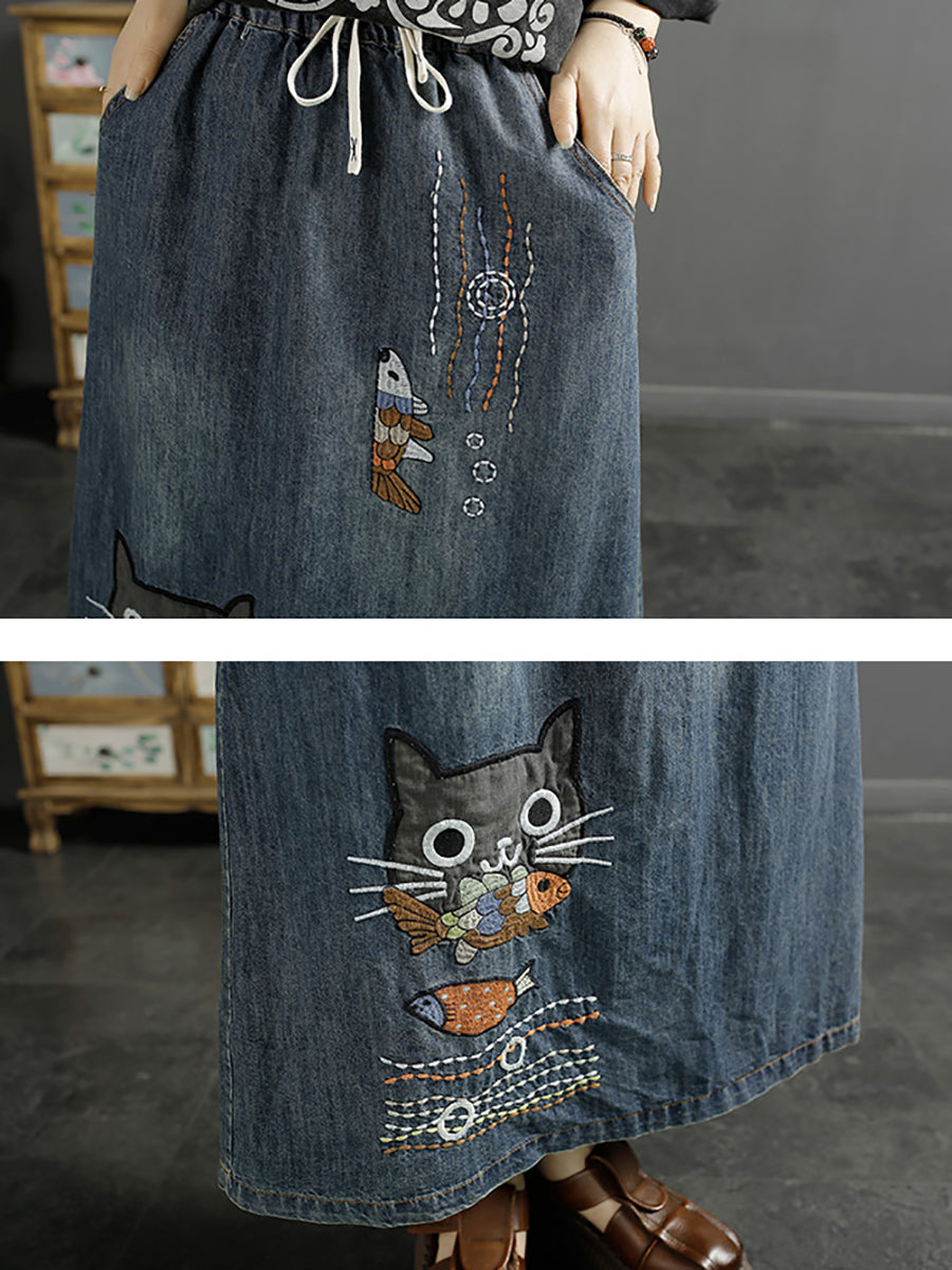 Frauen Sommer Casual Katze Fisch Stickerei Denim Rock KL1008 