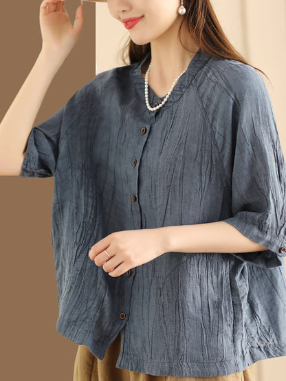 Women Summer Retro Solid Linen Button-up Shirt XX1012