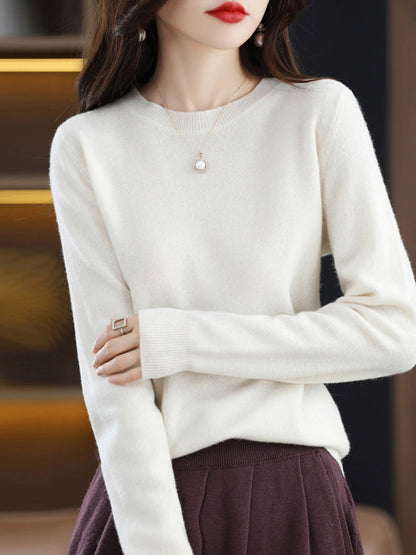 Women Autumn Solid Wool Knitted O-Neck Bottom Sweater CX058