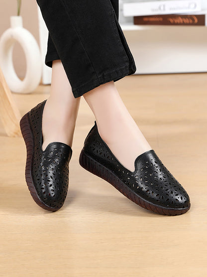 Women Summer Solid Leather Cutout Flat Soft Shoes UI1027