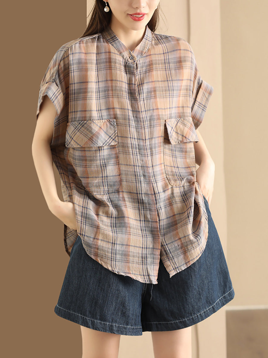 Women Summer Vintage Plaid Button-up Shirt PP1037