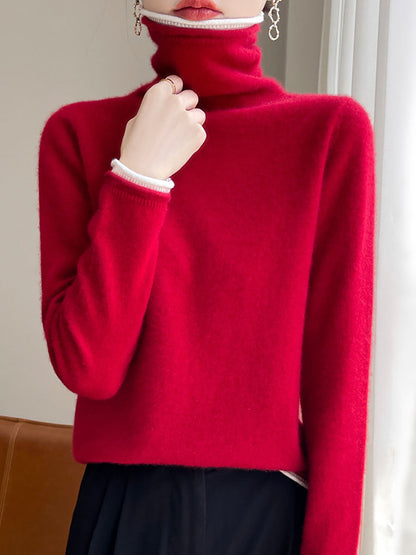 Women Autumn Turtleneck Colorblock Wool Sweater BA1010