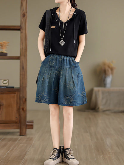 Women Summer Retro Star Jacquard Denim Fifth Pants CC012