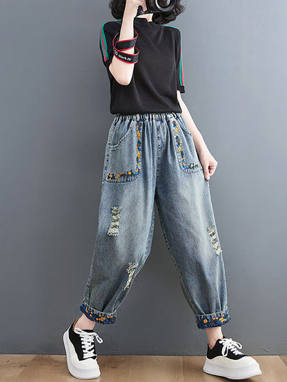 Women Artsy Embroidery Frayed Denim Harem Pants FD006