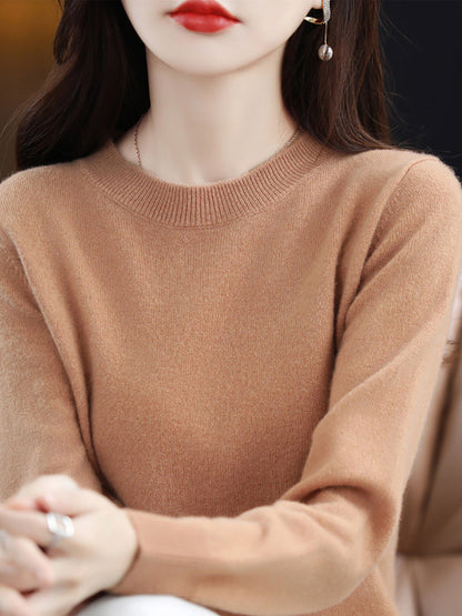 Women Autumn Solid Wool Knitted O-Neck Bottom Sweater CX058