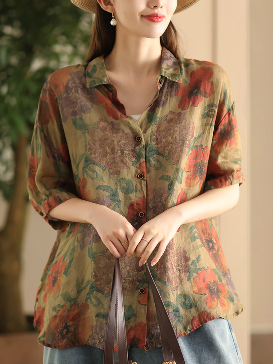 Chemise d'été en ramie épissée à motif floral vintage pour femme FD039