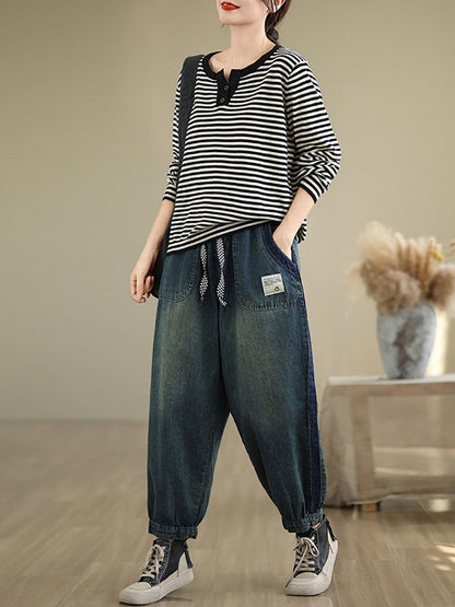 Women Casual Pockets Washed Denim Harem Pants AT1003