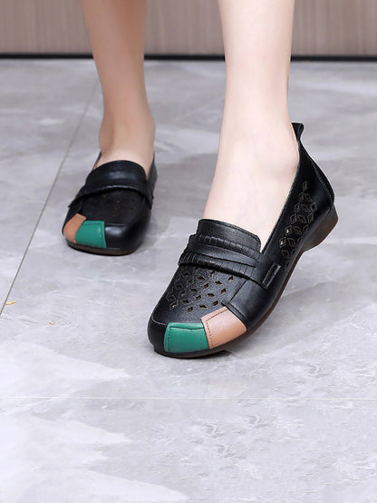 Women Summer Leather Colorblock Cutout Flat Shoes UI1030