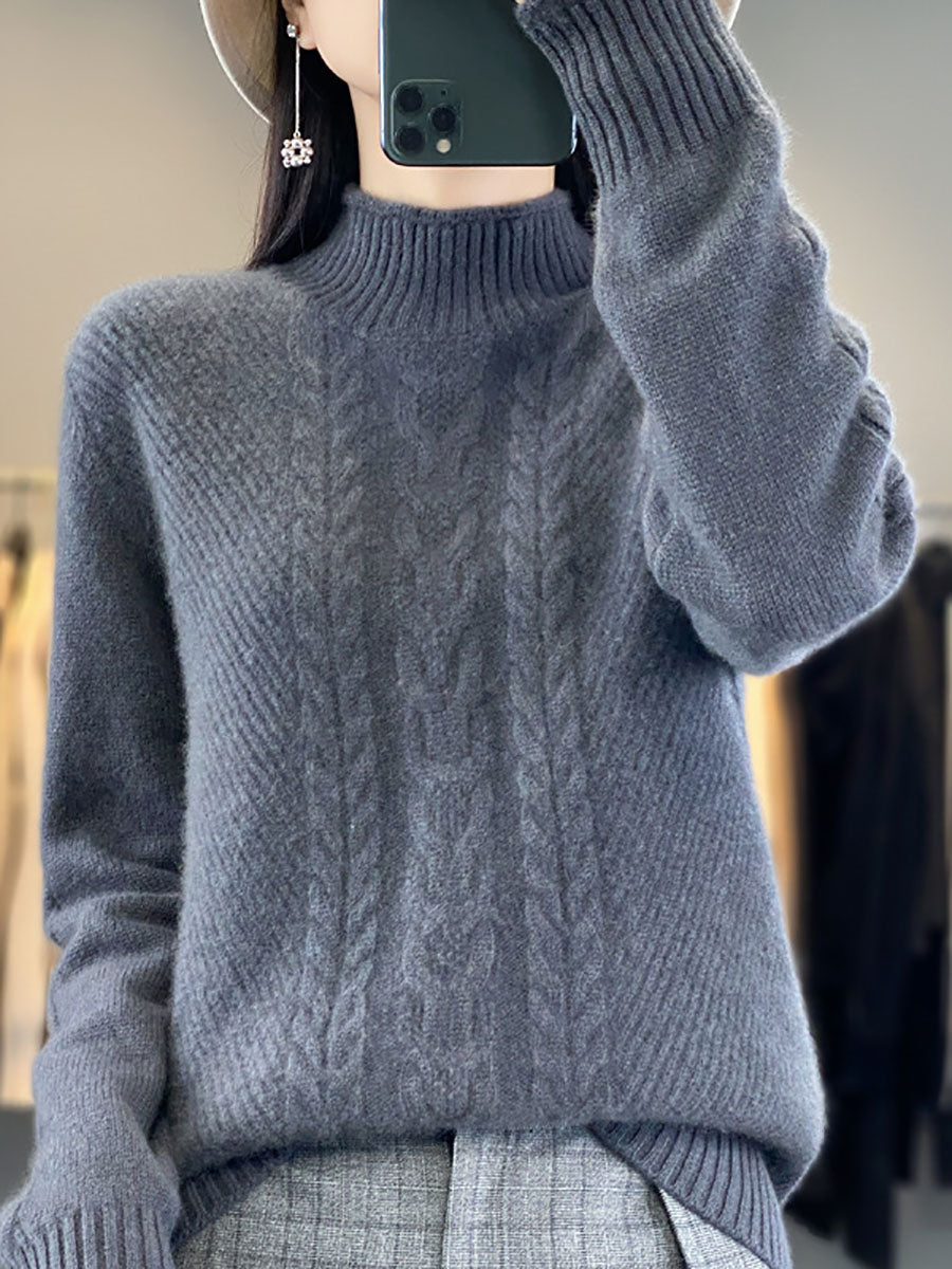 Pull en laine à col roulé mi-long pour femme, tricot torsadé chaud, automne AV1009