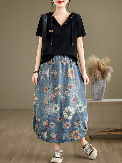 Women Summer Casual Flower Spliced Denim Skirt XX1027