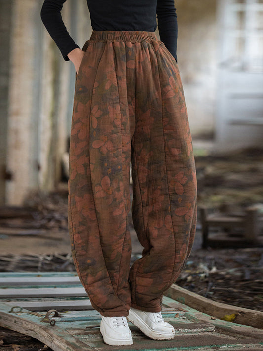 Women Winter Retro Flower Cotton Paaded Harem Pants WU003