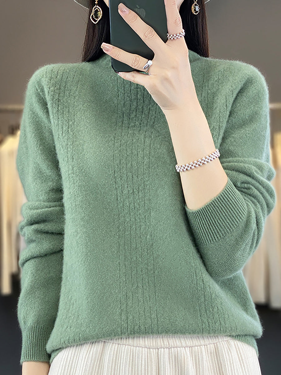 Women Autumn Solid Cable Knit 100%Wool Half Turtleneck Sweater QN028