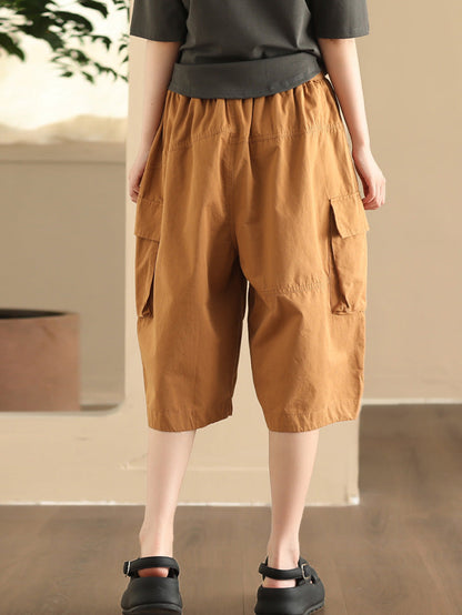 Women Summer Casual Solid Pocket Loose Cotton Fifth Pants FD022