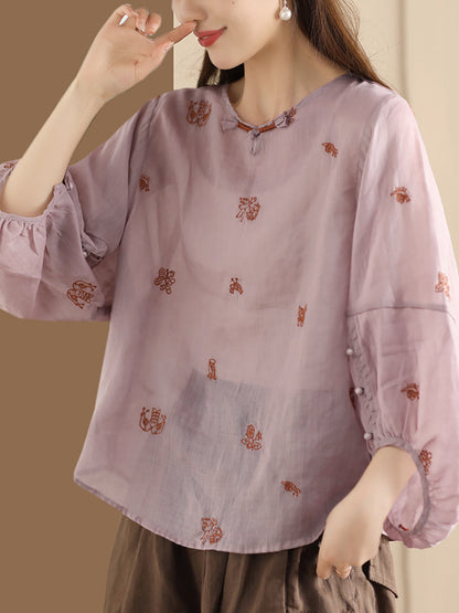 Women Summer Vintage Flower Embroidery Ramie Shirt AA1042