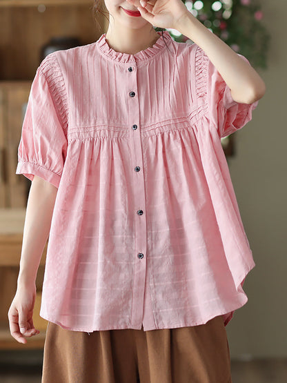 Women Artsy Shirred Stripe Cotton Agaric-Lace Shirt OP1006