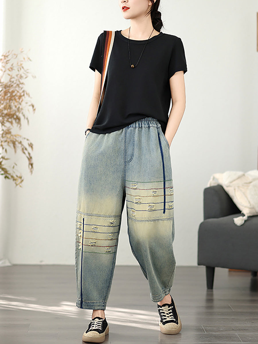 Hose Ausgefranste Retro Denim Haremshose Damen 