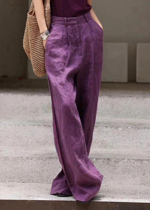 Organic Purple Pockets High Waist Linen Wide Leg Pants Fall AN1019