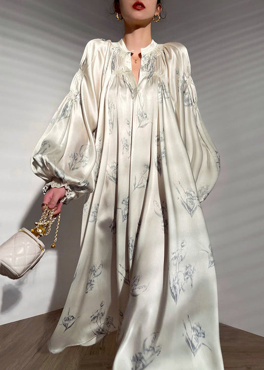 French Beige Print Tie Waist Silk Maxi Dress Long Sleeve AJ1016