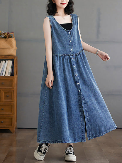 Women Casual Summer Denim A-Shape Loose Vest Dress FD054